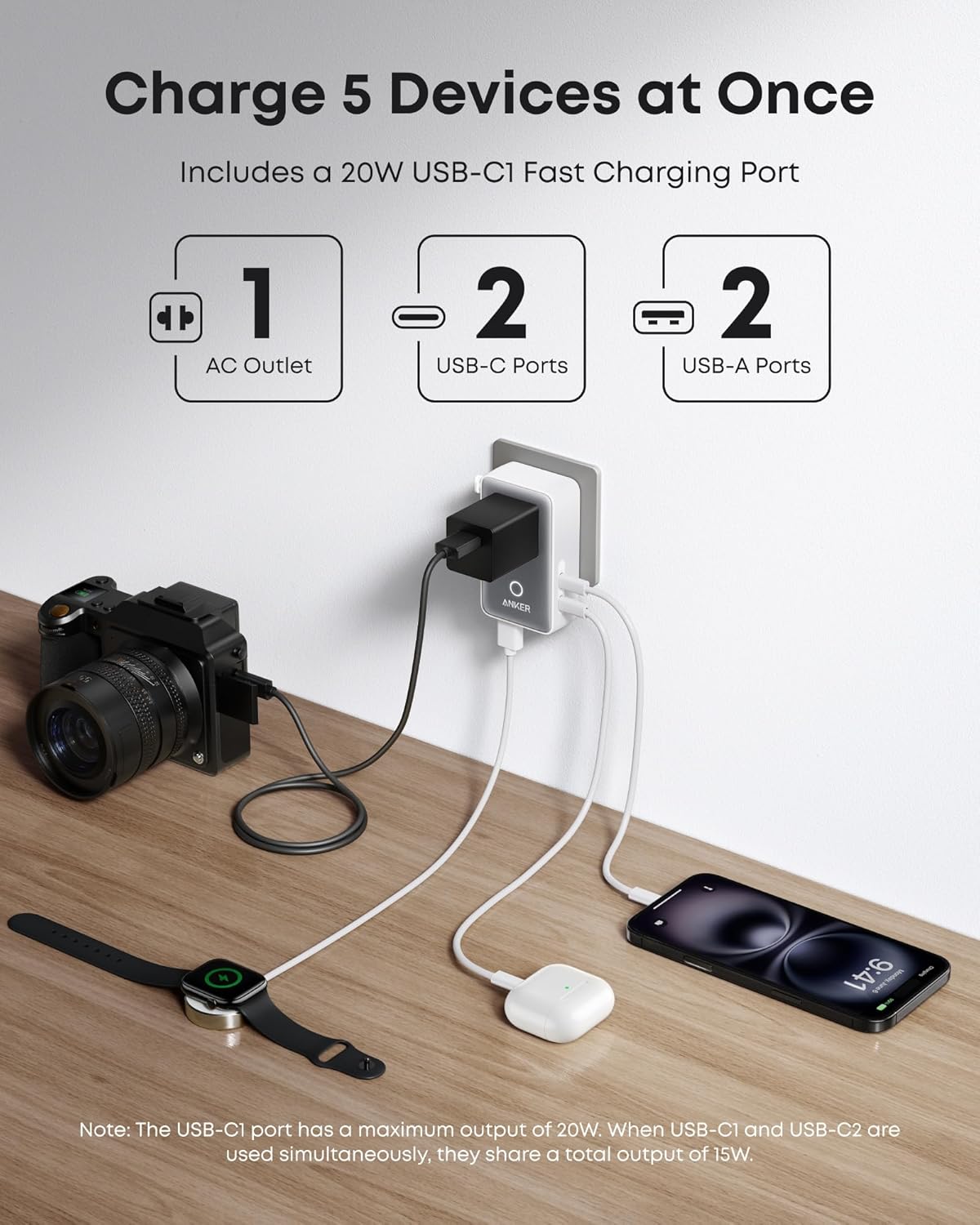 Anker Nano Travel Adapter – 5-in-1, 20W Fast Charging, Universal Plug